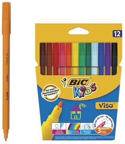 Фломастеры BIC "Kids Visa", 12 цветов, суперсмываемые, вентилируемый колпачок, европодвес, 889695, 888695