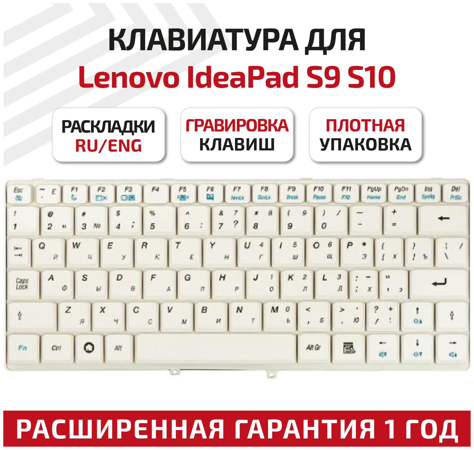 Клавиатура (keyboard) 42T4224 для ноутбука Lenovo IdeaPad S9, S9e, S10, S10e, белая