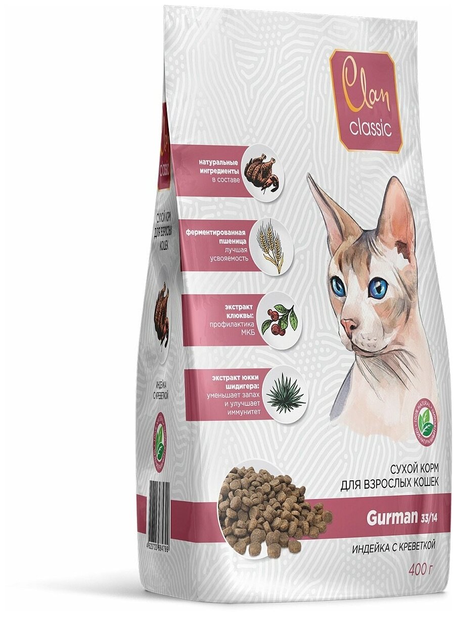 Clan Classic Gurman сухой корм для привередливых кошек индейка с креветками 400 гр