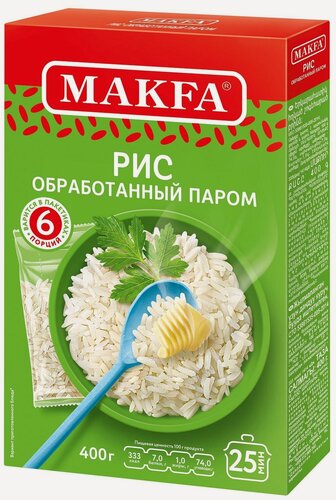 Изображение товара Упаковка 9 штук Рис длиннозерный Макфа пропаренный 400г (6 х 66,5г) (54 пакетика)