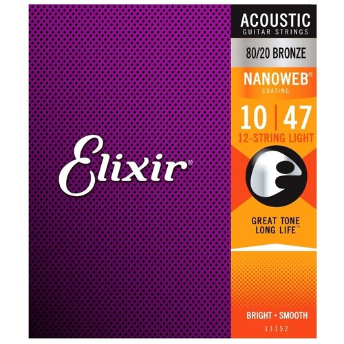 11152 NANOWEB Комплект струн для 12-струнной акустической гитары, Light, бронза 80/20, 10-47, Elixir струны для 12 струнной акустической гитары elixir 11152 nanoweb 10 47