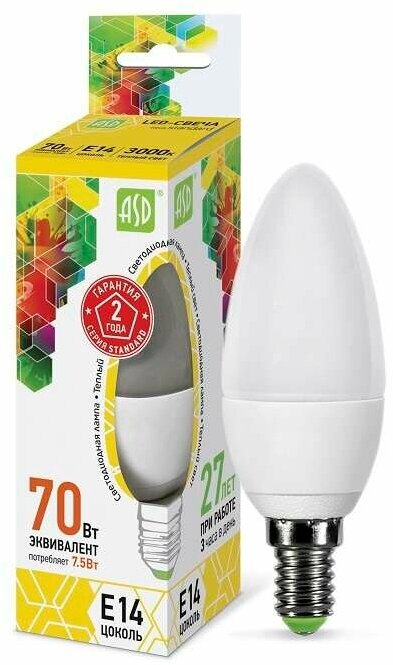 Лампа светодиодная LED-свеча-standard 7.5Вт свеча 3000К тепл. бел. E14 675лм 160-260В ASD 4690612003924 ( 1шт. )