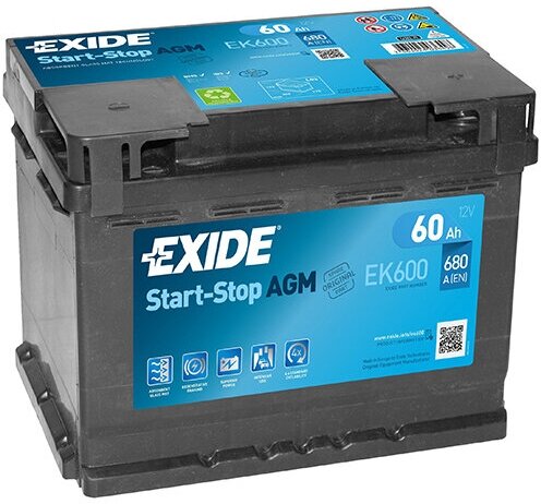 Аккумулятор автомобильный EXIDE AGM EK600 60Ah 680A обратная полярность (242х175х190)
