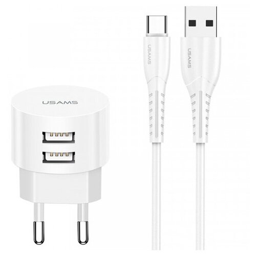 фото Сетевое зарядное устройство 2xusb с кабелем usb type-c usams t20 - белое