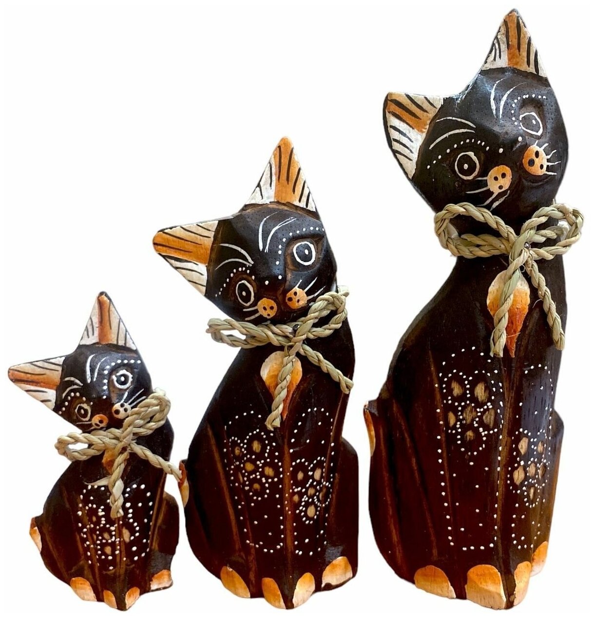 фото Статуэтки Кошки деревянные Набор 3 статуэтки / Индонезийские кошки 20, 25 и 30 см VITTOVAR