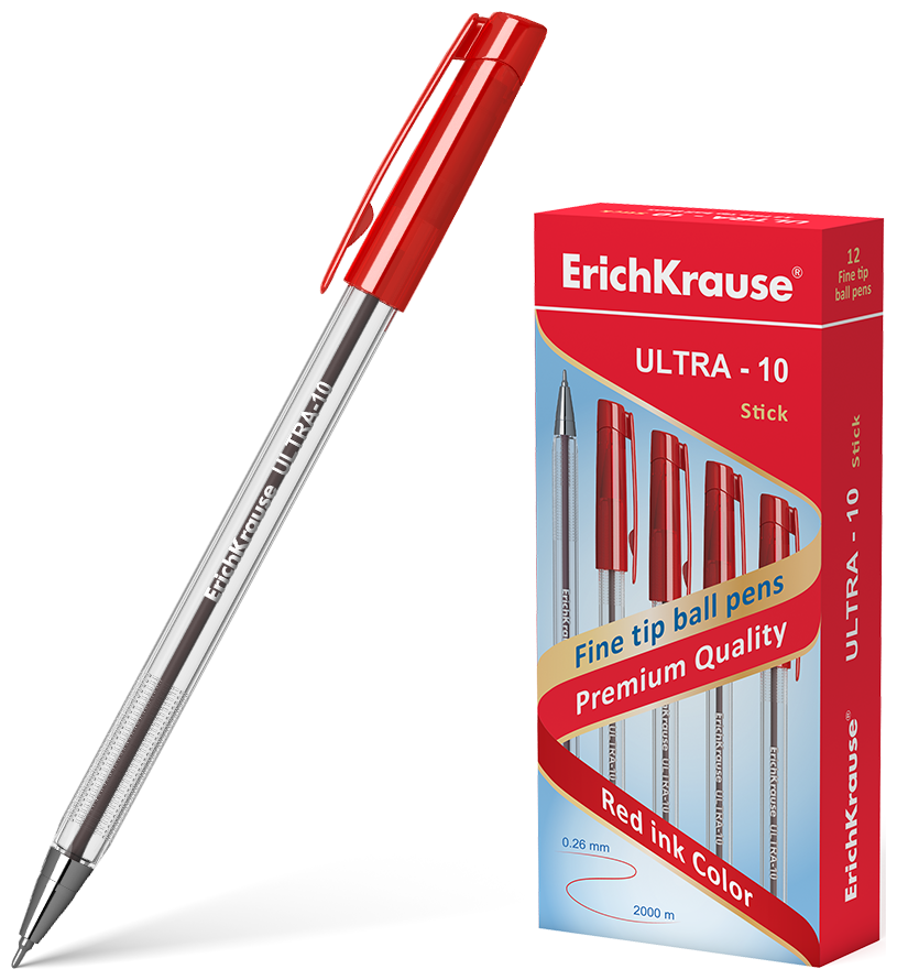 Ручка шариковая ErichKrause® ULTRA-10, цвет чернил красный (в коробке по 12 шт.)