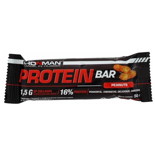 Шоколад IRONMAN Protein Bar, 50 г, арахис протеиновый батончик forsio со вкусом клубники и добавлением коллагена 40 г мультицвет