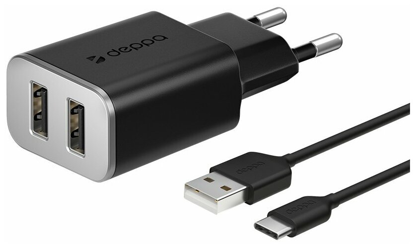 СЗУ Deppa Wall Charger 2 USB 2.4A + кабель USB - Type-C Black (арт.11382)