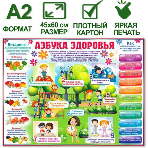 плакат детский с днем рождения фигурный с мишкой формат а2 размер 45х60 см картон Обучающий плакат Азбука здоровья, формат А2, 45х60 см, картон