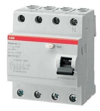 Выключатель дифференциального тока УЗО ABB FH204 40/0,03 (40 Ампер, 30мА) 4-х полюсное, тип AC2CSF204004R1400, 1шт