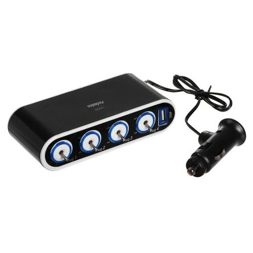 Разветвитель прикуривателя 12-24V 4 гнезда 1 USB провод 50 см подсветка 1054₽