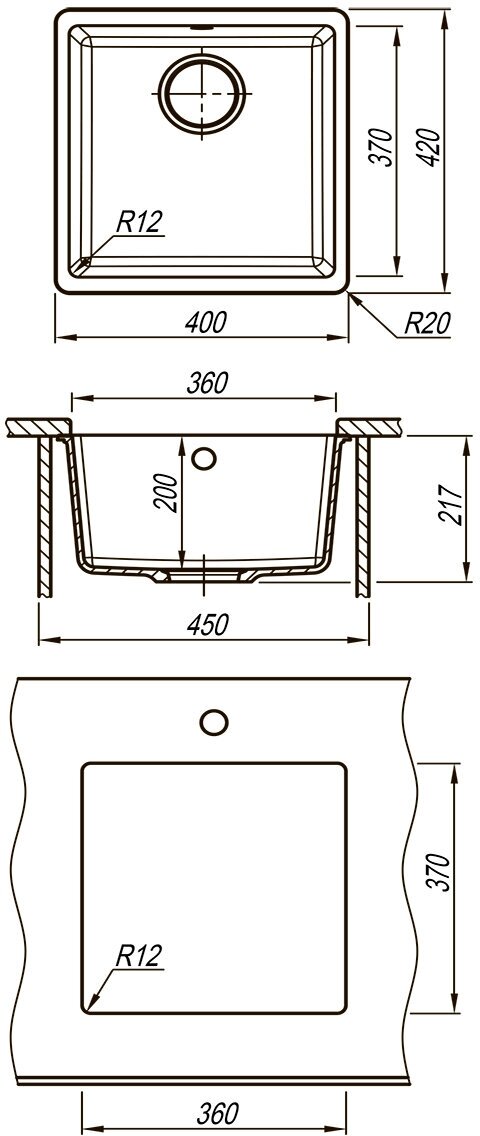 SINARA 400-U Мойка кухонная из кварцгранита цвет: антрацит комплектация: крепеж, сливная арматура с переливом в комплекте арт.9910061