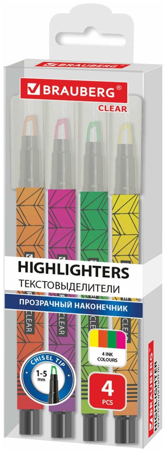 фото Набор текстовыделителей с прозрачным наконечником 4 цвета BRAUBERG Clear, линия 1-5 мм, 152426