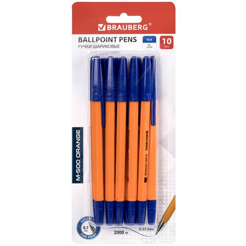 ручки brauberg 143951 комплект 4 шт Ручки шариковые BRAUBERG M-500 ORANGE, набор 10 шт, синие, узел 0,7 мм, линия письма 0,35 мм, 143951
