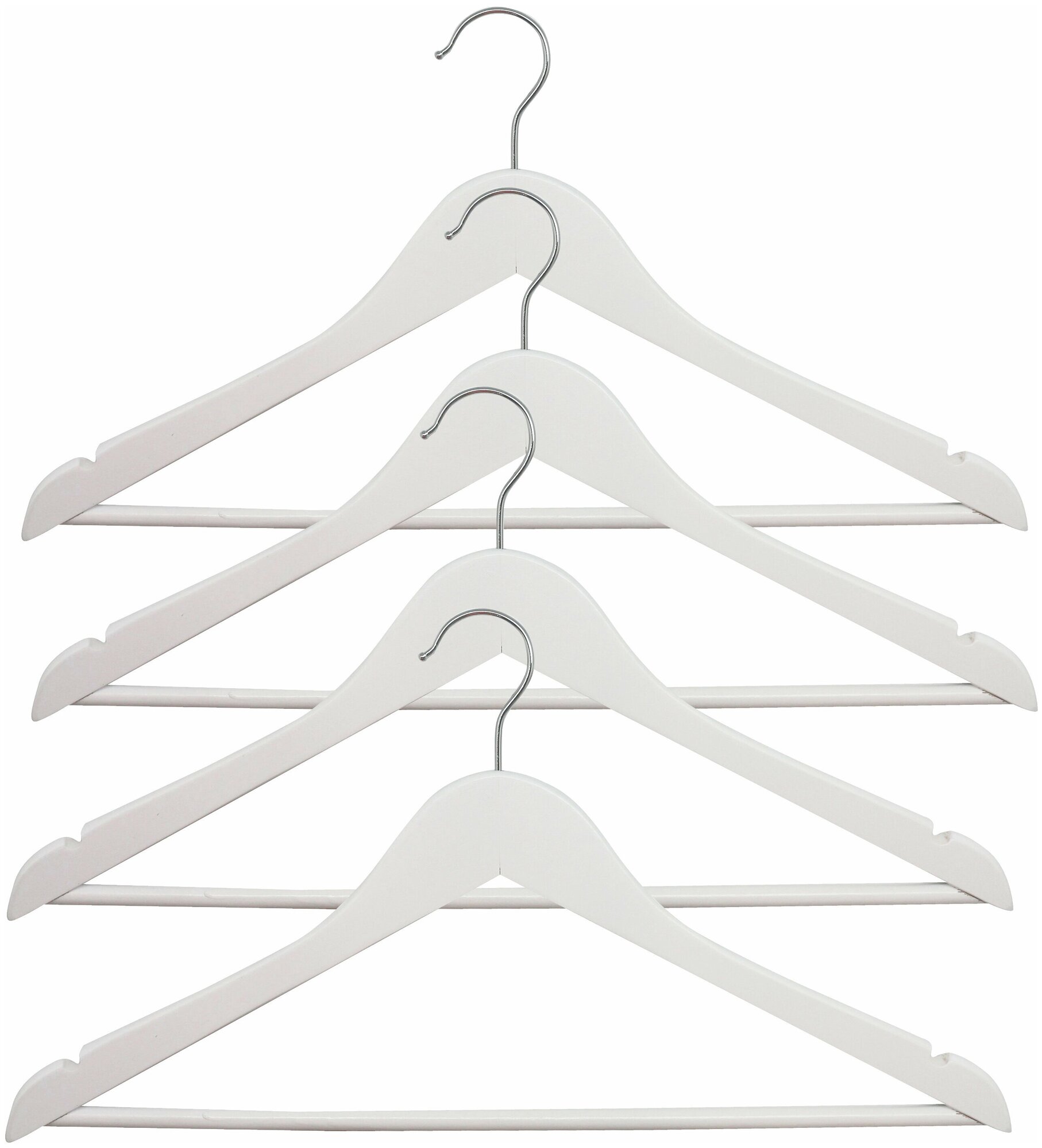 Набор деревянных вешалок для одежды 445x230x12 мм, 4 шт, цвет белый. Закругленные края изделия защищают одежду от деформации и растягивании в плечах.