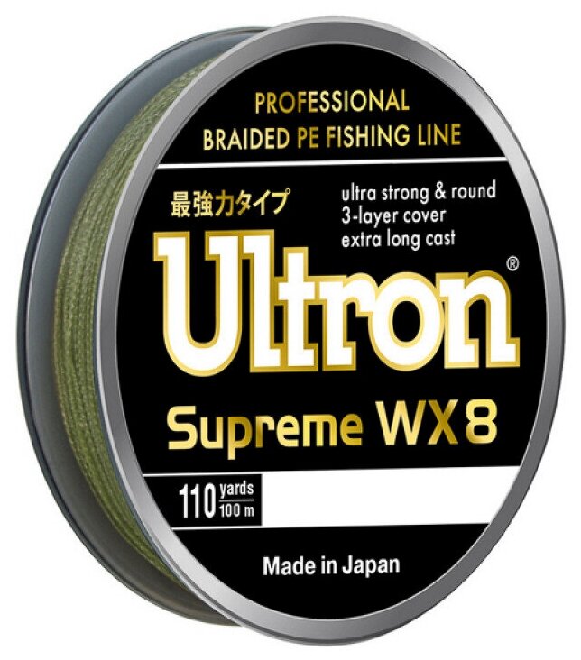 Плетеный шнур ULTRON WX8 Supreme 0.19 мм, 16,0 кг, 100м, хаки