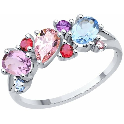 фото Кольцо sokolov, серебро, 925 проба, родирование, топаз, фианит, аметист, корунд синтетический, размер 19.5, серебро