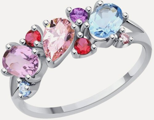 Изображение товара Кольцо, серебро, 925 проба, родирование, аметист, фианит, топаз, корунд синтетический