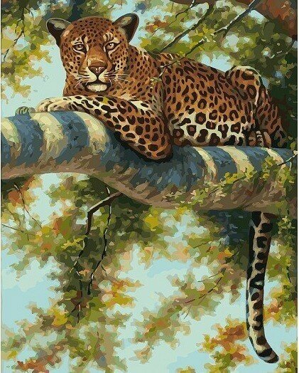 Леопард в тени ветвей живопись на холсте 40*50см