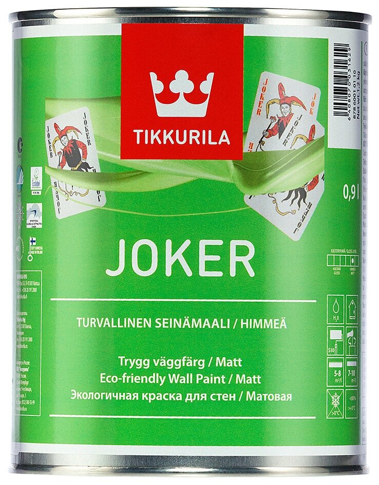 Tikkurila Joker Экологичная краска интерьерная (под колеровку, матовая, база C, 0,9 л)