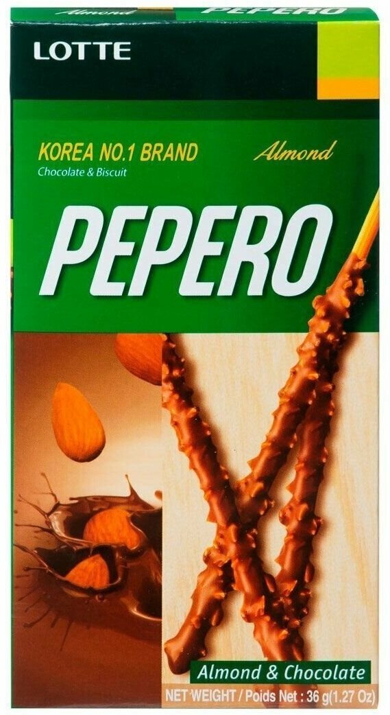 Соломка lotte pepero lotte almond в шоколадной глазури с миндалем, 36 гр*5 шт