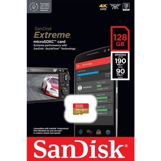 Карта памяти MicroSD 128GB SanDisk Class 10 Extreme A2 UHS-I U3 (190/90 Mb/s) (SDSQXAA-128G-GN6MN
