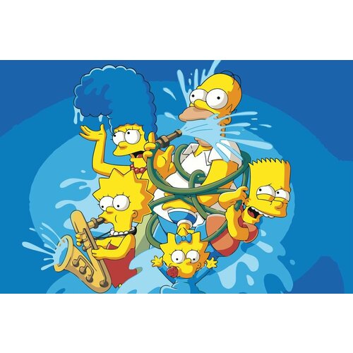 Картина по номерам на холсте на деревянном подрамнике Simpsons Симпсоны: Семья со шлангом, Раскраска 40x60 см, Мультфильмы картина по номерам на холсте на деревянном подрамнике simpsons симпсоны лиза барт и мэгги зимой раскраска 40x60 см мультфильмы