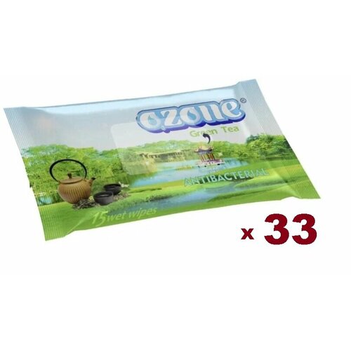 Влажные салфетки Ozone Антибактериальные зеленый чай, 15 штук в упак, 33 упак влажные салфетки day spa антибактериальные ромашка 15шт