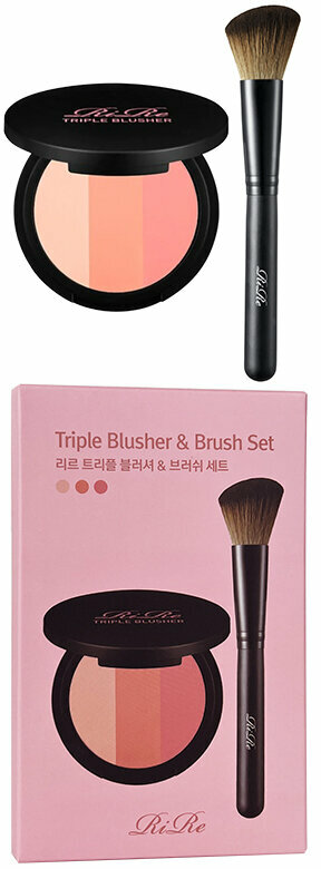 RiRe~Трехцветные румяна с кистью, персиковых тонов~Triple Blusher & Brush Set