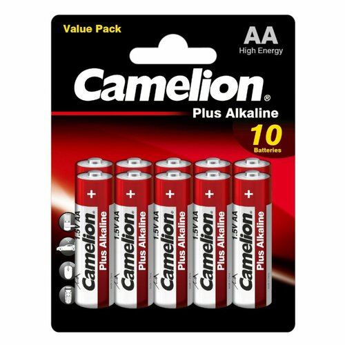 Батарейка Camelion, АА (LR6-BP10), Alkaline Plus, алкалиновая, 1.5 В, блистер, 10 шт, 14854 батарейка алкалиновая космос lr6 classic тип аа блистер 4 шт