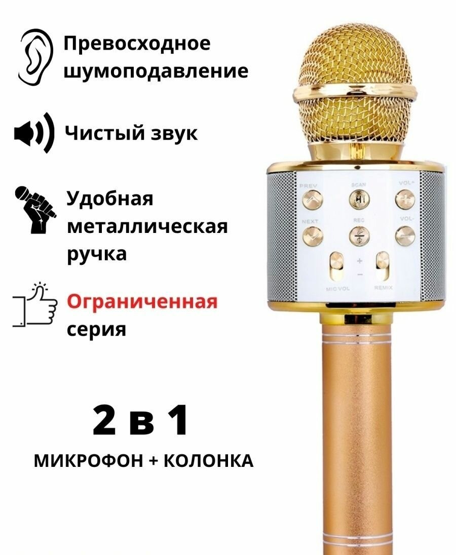 Детский беспроводной караоке микрофон с колонкой WS-858 золотой цвет.