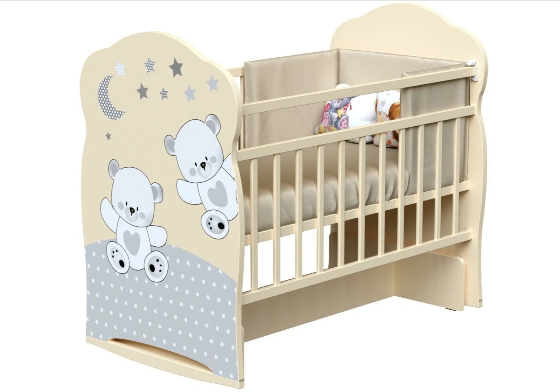 Кроватка детская для новорожденных ВДК Funny Bears, колесо-качалка, массив березы, слоновая кость
