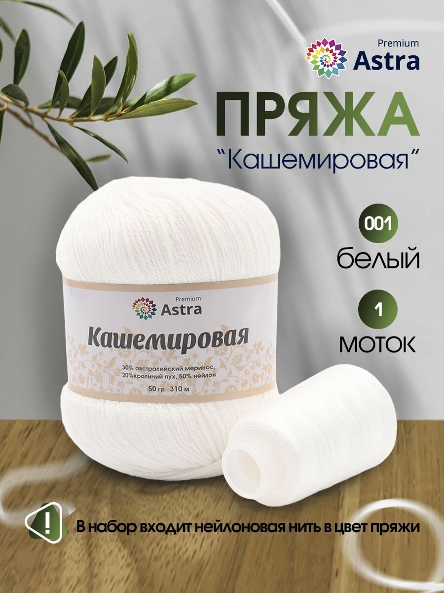 Пряжа для вязания Astra Premium 'Кашемировая' (Cashmere) 50 гр 310 м (+/- 5%) (20% кроличий пух, 30% австралийский меринос, 50% нейлон) (+нить 20 гр) (001 белый)