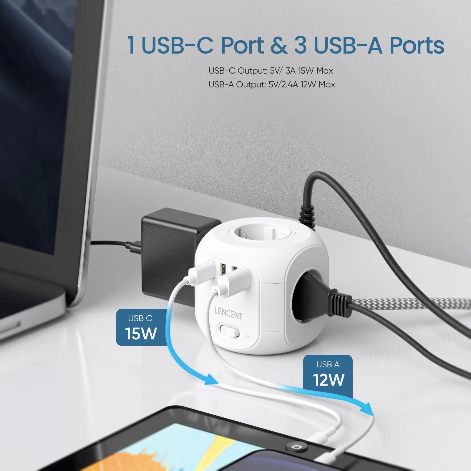 Линцен SL-805E сетевой куб с розетками, 3USB 1 Type C 3M, Вилка европейского стандарта — фото 1