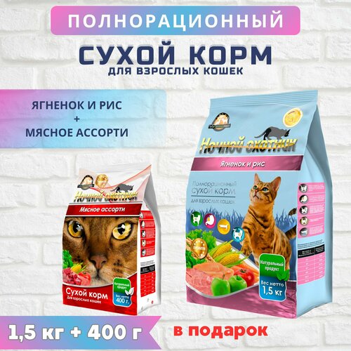 Корм для кошек сухой премиум Ночной охотник , ягненок и рис, 1,5 кг + 400 гр в подарок / мясное ассорти