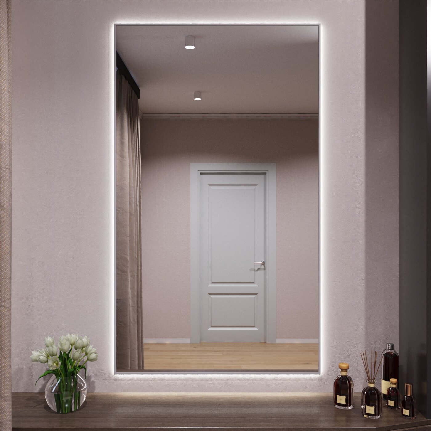 Зеркало с подсветкой в алюминиевой раме настенное Market-house 150х90 см. Свет: Нейтральный Белый 6000К. Серебро