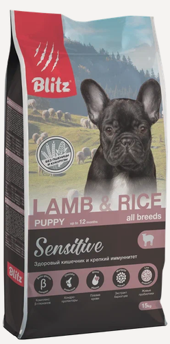 Изображение товара Сухой корм для щенков Blitz Puppy All Breeds Sensitive для всех пород с чувствительным ЖКТ, с ягненком и рисом - 15 кг