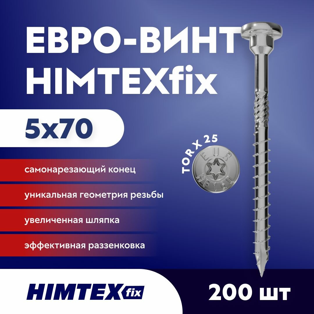 Конструкционный саморез Евро-винт по дереву HIMTEXfix 5*70, Torx 25