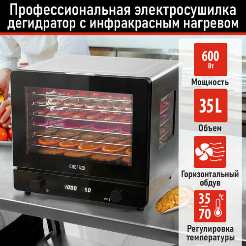 Дегидратор сушилка для овощей электросушилка CHEF PRO CF-FD806A профессиональная инфракрасная с горизонтальным обдувом 10 поддонов 8 основных 1 для пастилы 1 для ягод черный 31800₽