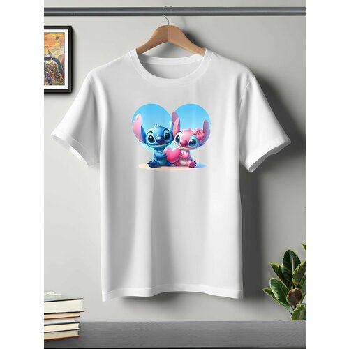 фото Футболка oneq унисекс 56-58 (3xl) размер с принтом стич, белая, размер 3xl, белый