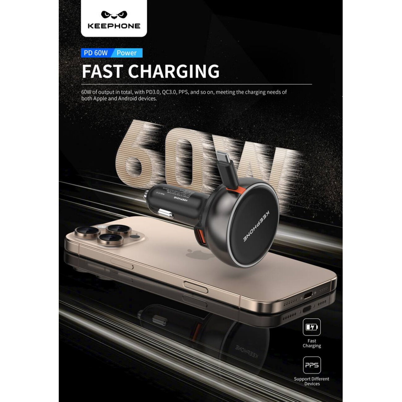 Быстрое автомобильное зарядное устройство KEEPHONE Enduro / подходит к Apple, Android. Кабель Type-C и USB-порты Type-C