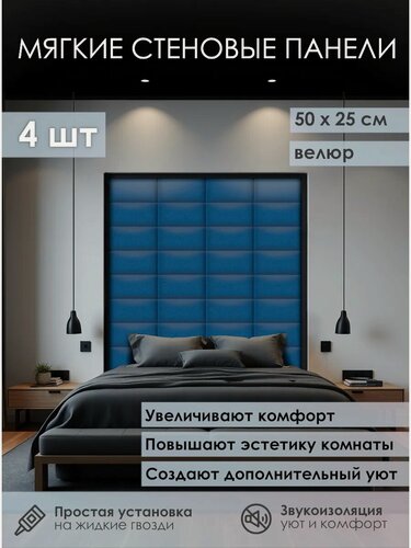 Изображение товара Мягкая стеновая панель 25х50 см, 4 шт темно-синий