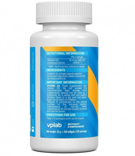 Витамин Д3 VPLAB Vitamin D3 600 МЕ 600 IU, 240 капсул - фото №3