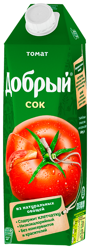 Сок Добрый Томат, с мякотью, без добавления сахара, тетрапак, 1 л