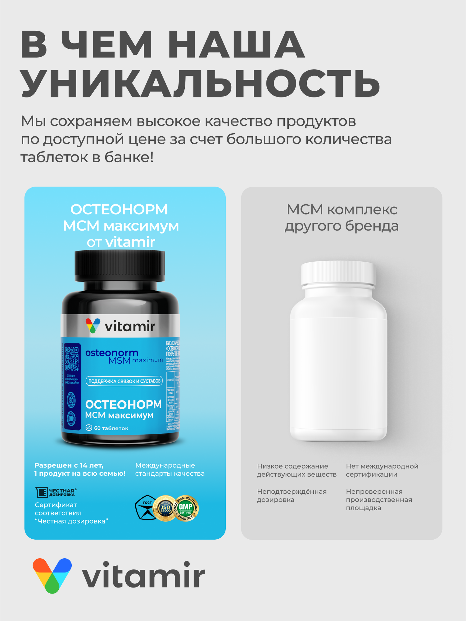 Остеонорм МСМ максимум VITAMIR PRO / Хондроитин глюкозамин и МСМ для суставов / 60 таблеток — фото 1