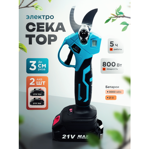 Секатор аккумуляторный садовый в кейсе срез 30 мм мощный 2 акб 800 Вт голубой, черный, голубой