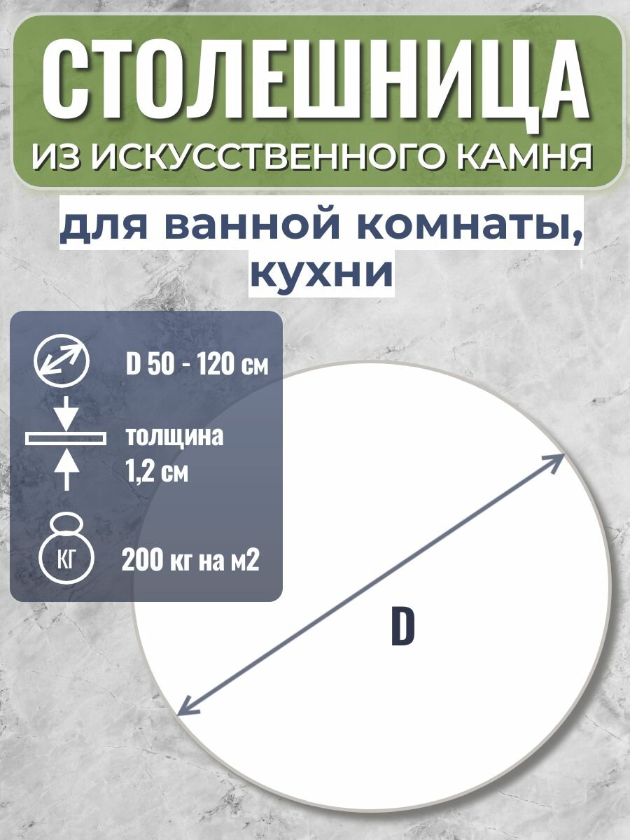 Столешница из искусственного камня, БПГ, D-500 мм, высота 12 мм, круглая, белая