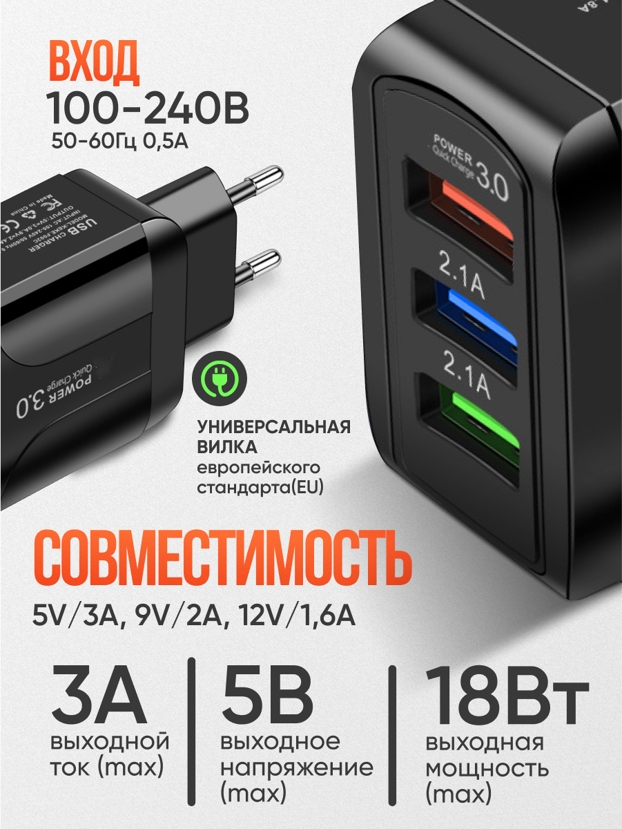 Зарядное устройство для телефона 3 USB AlisaFox быстрая зарядка для Samsung, Honor, Xiaomi, Readme и iPhone — фото 1