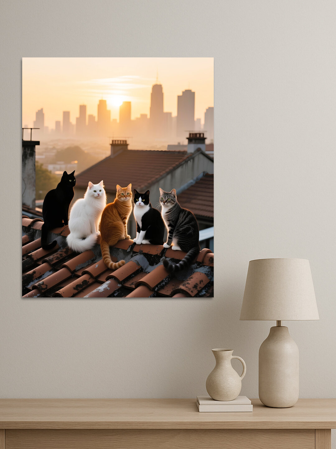 Картина интерьерная на стену ARTERY "Кошки на крыше на закате", печать на холсте, постер на подрамнике, 30х40 см — фото 1