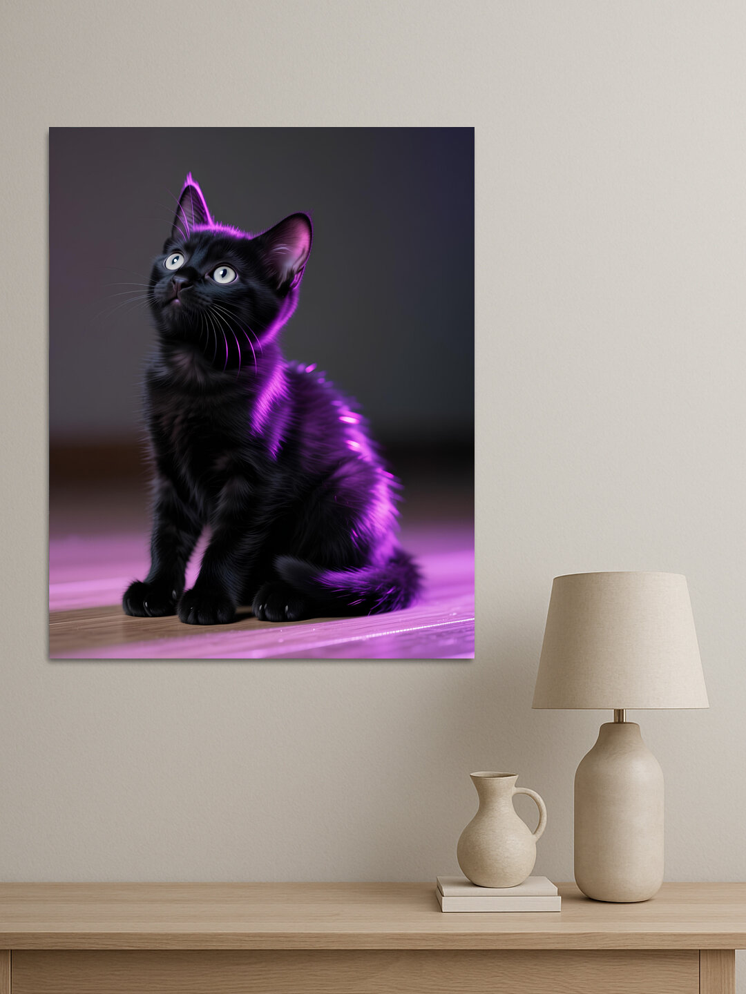 Картина интерьерная на стену ARTERY "Котёнок в неоновом свете", печать на холсте, постер на подрамнике, 30х40 см — фото 1